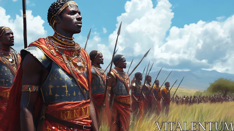 AI ART Line of African Warriors in Traditional Clothing