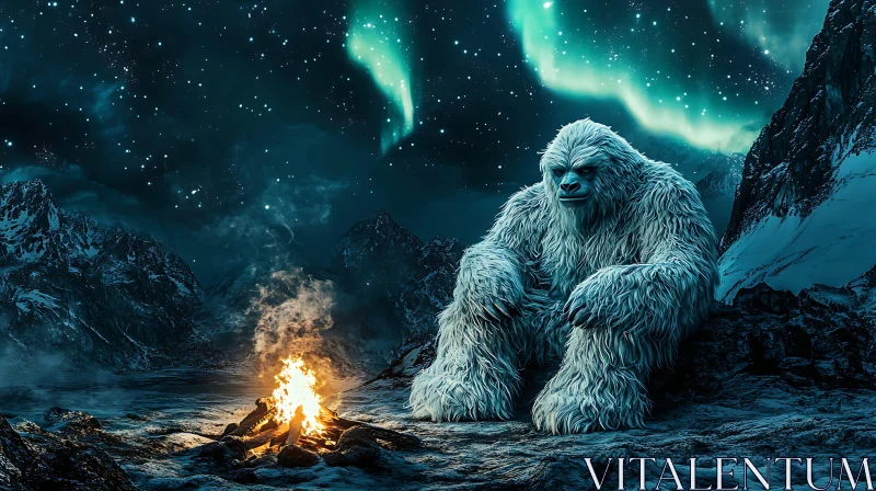 AI ART Abominable Snowman Contemplates Aurora Borealis