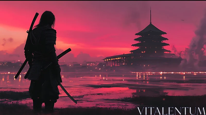 AI ART Lone Samurai at Sunset