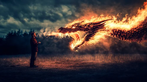 Man Facing a Flaming Dragon