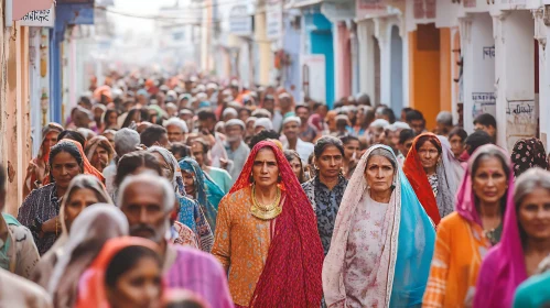 Indian Street Scene with Colorful Crowd