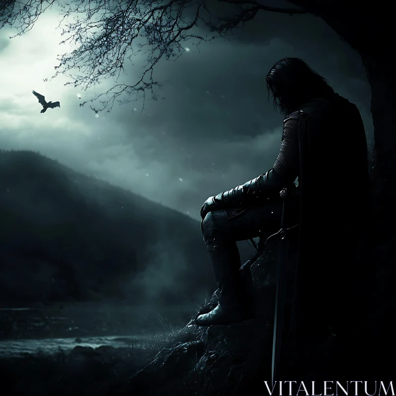 Solitary Knight Overlooking Misty Valley AI Image