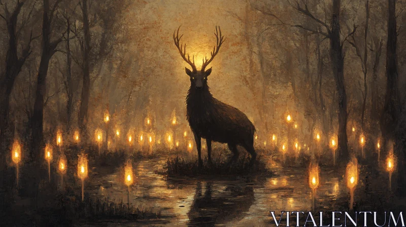 Deer in Forest with Candles AI Image