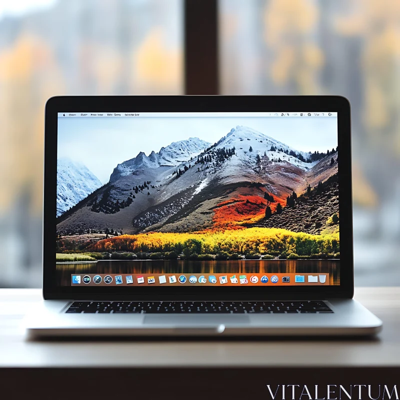 Modern Laptop and Autumn Mountain Desktop Background AI Image