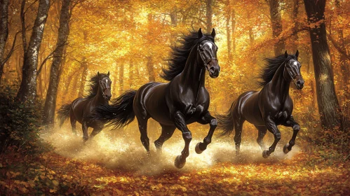 Galloping Horses Among Autumn Leaves