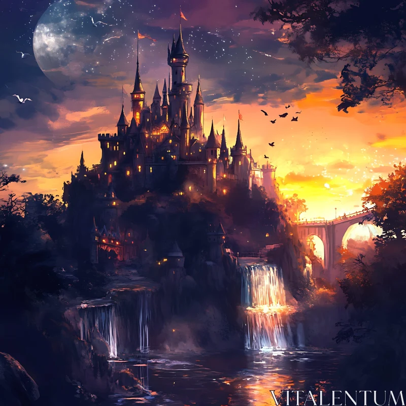 AI ART Fantasy Castle with Waterfalls and Sunset