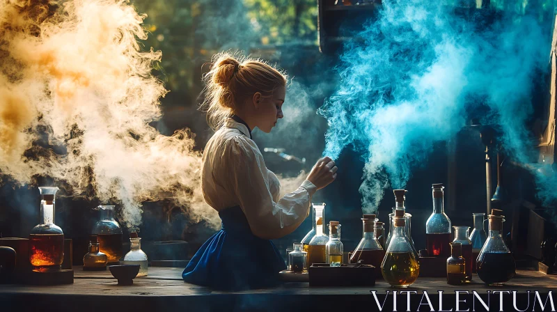 AI ART Woman in Laboratory Mixing Potions with Smoke