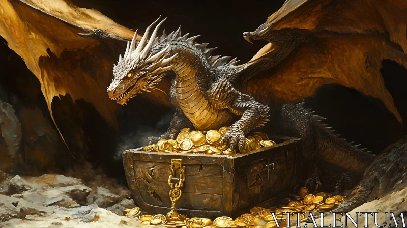 AI ART Guardian of Gold: Dragon on Treasure Chest