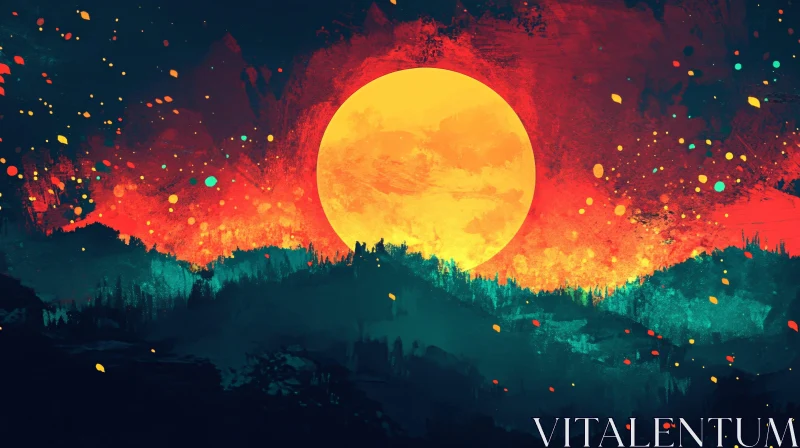 Sunset with Radiant Moon and Forest Silhouette AI Image