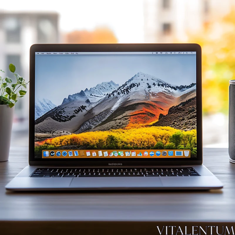 Laptop with Mountain Landscape Wallpaper on Office Desk AI Image