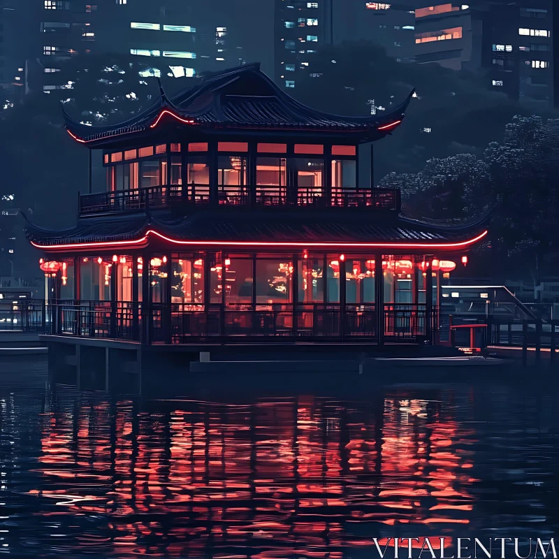 Nighttime Asian Architecture Reflection AI Image