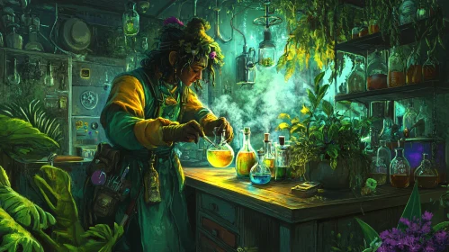 Potion Mixing in Herbalist Laboratory