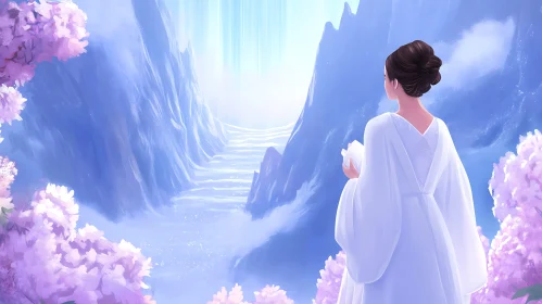Waterfall View with Woman in White
