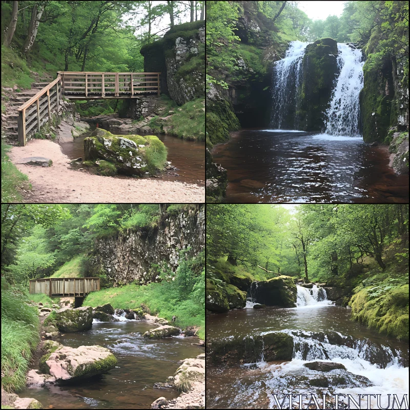 Peaceful Forest Waterfall with Stream and Wooden Bridge AI Image