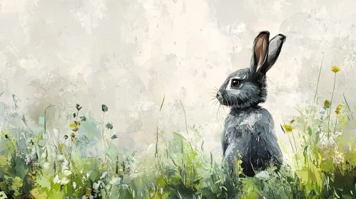 Gray Bunny in Spring Meadow