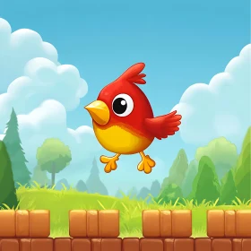 Cartoon Bird Flying Above Green Landscape