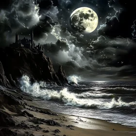 Night Seascape with Castle and Moon