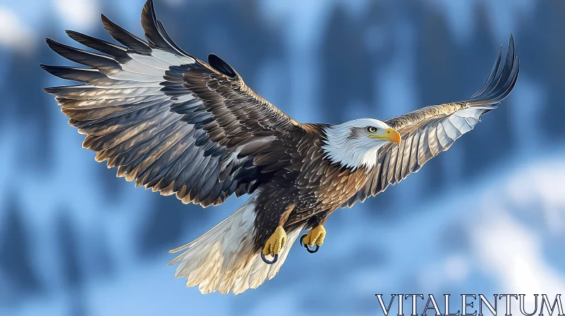 Eagle Soaring Across Snowy Landscape AI Image