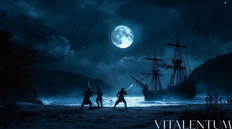 AI ART Nighttime Sword Fight on the Beach