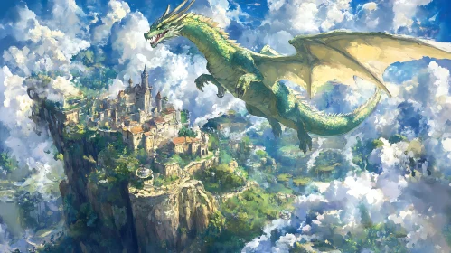 Mythical Dragon Overlooking Cliffside Kingdom