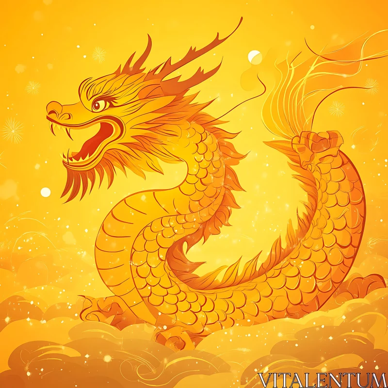 Golden Dragon on Clouds Illustration AI Image