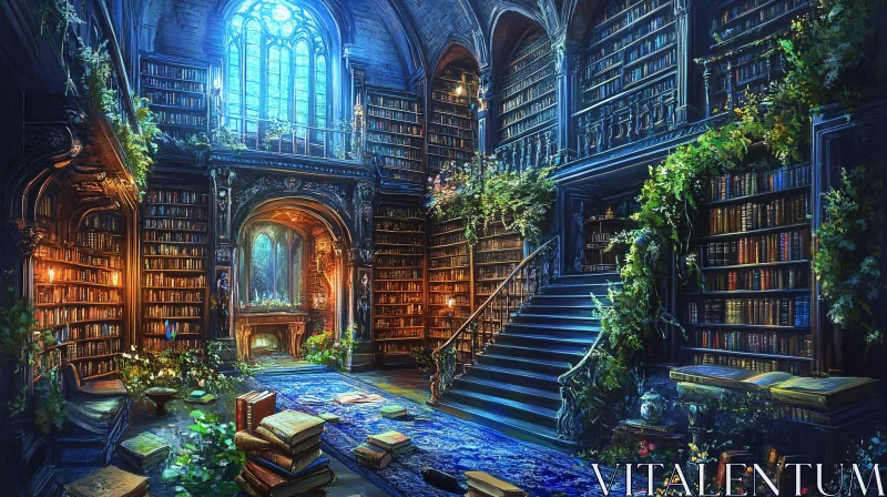 Grand Library Interior With Bookshelves AI Image