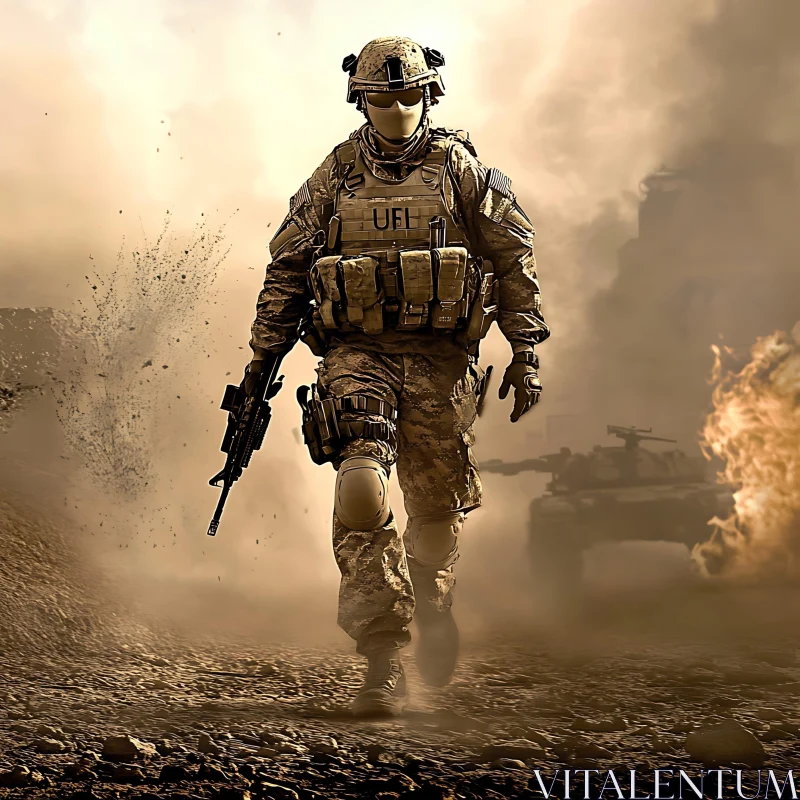 Military Soldier in Desert Landscape AI Image