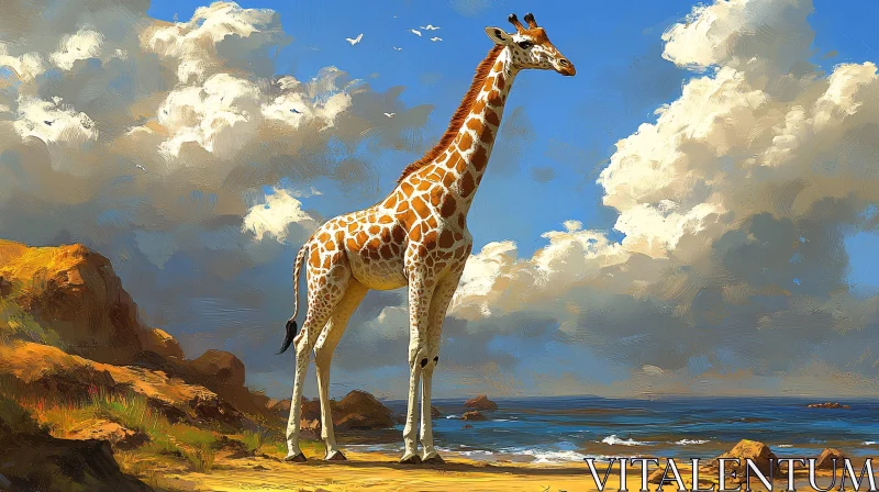 Giraffe in Scenic Seascape AI Image