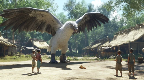 Children Meet Mythical Griffin in Village