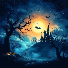 Moonlit Castle with Flying Bats