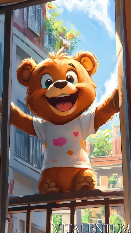 Happy Bear in a City Courtyard AI Image