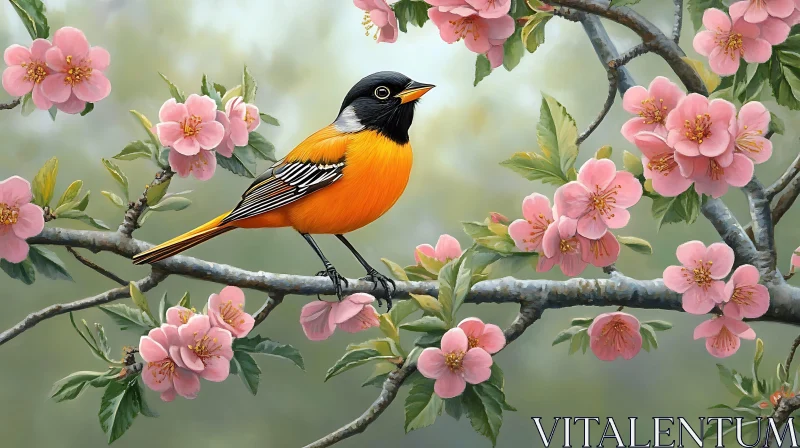 Oriole Bird on Flowering Branch AI Image