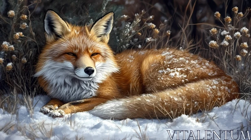 Snow-Covered Fox Relaxing AI Image