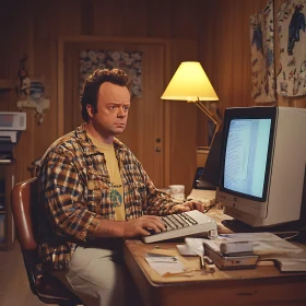 Vintage Workspace with Focused Man at Desk