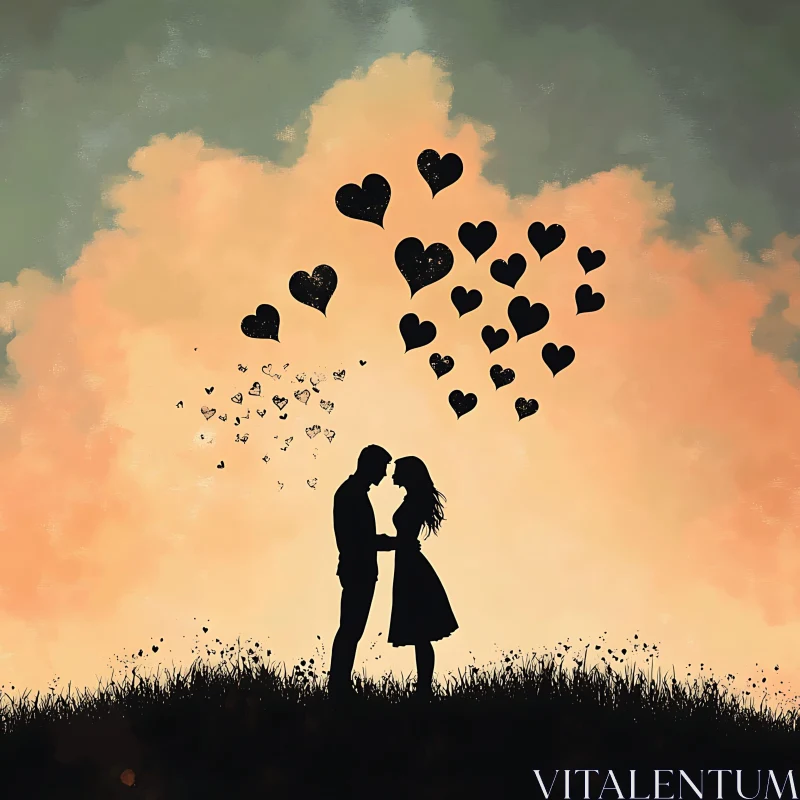 Couple Silhouette at Sunset with Hearts AI Image