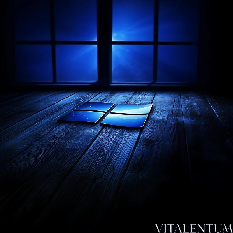 Blue Glow and Windows Emblem in Shadowy Room AI Image