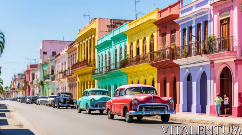 Colorful City Street with Vintage Vehicles: A Synthetism-Inspired Display of Hispanicore AI Image