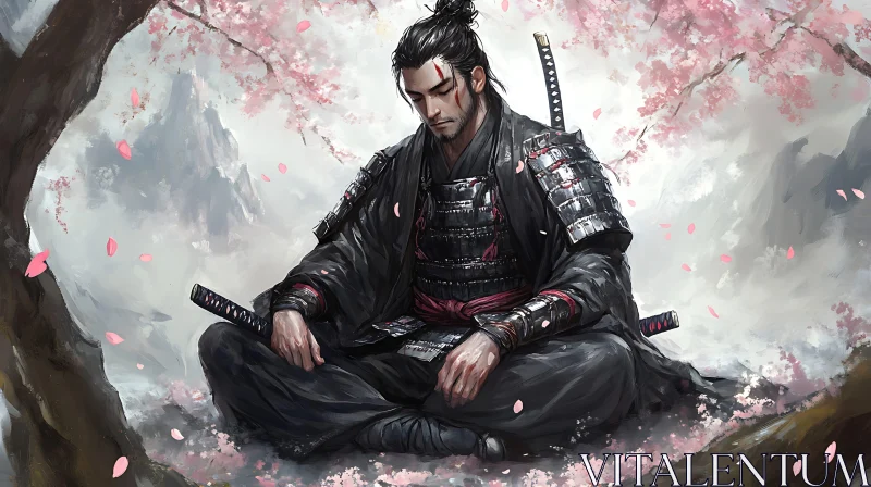 Meditative Warrior in a Spring Landscape AI Image