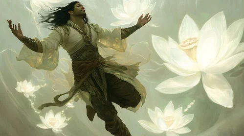 Floating Man and Lotus Flowers Art