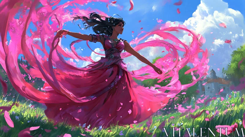 Lady in Pink Dress with Flower Petals AI Image