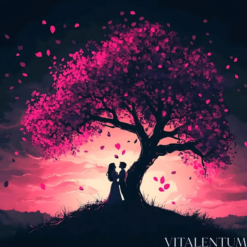 Silhouette of Lovers in a Pink Paradise AI Image