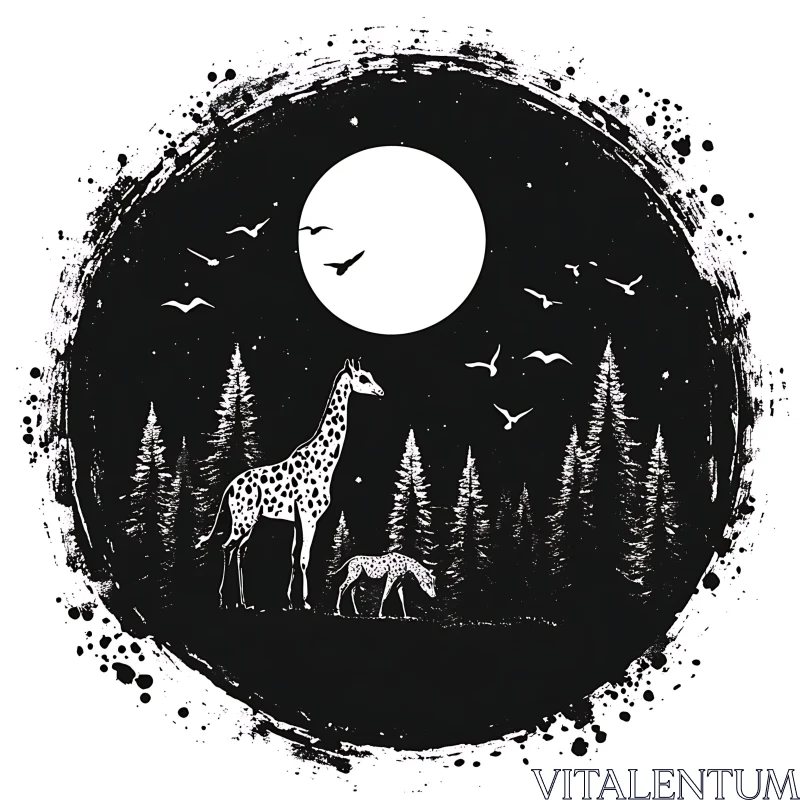 Giraffe and Calf in Moonlit Forest AI Image