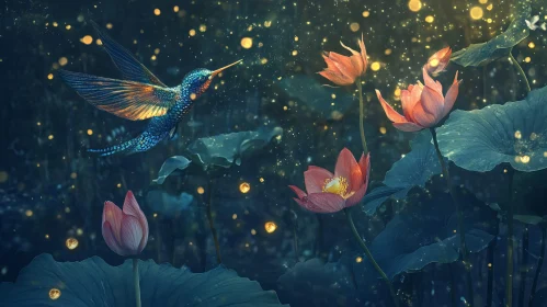 Hummingbird and Lotus Flowers in Magical Light