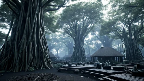 Enigmatic Forest of Ancient Trees and Mysterious Huts