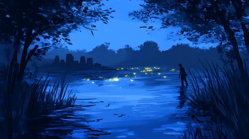 Blue Night Water Solitude Painting