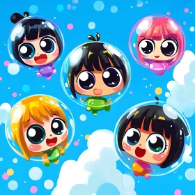Cute Cartoon Characters Floating in Bubbles