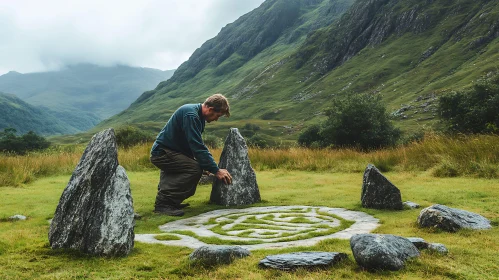 Man and Stone Labyrinth in Nature