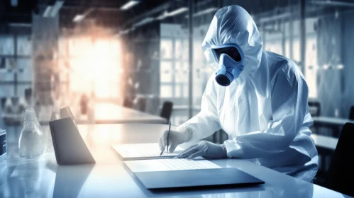 Industrial Horror: Person in Protective Gear Working at Desk