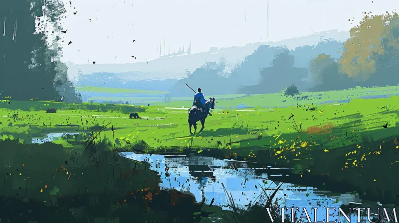 Knight on Horse Riding through Green Field AI Image
