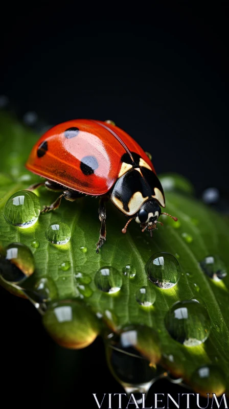 Ladybug on Dew-Kissed Leaf: A Detailed Illustration AI Image